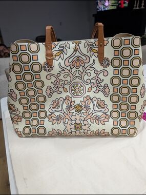 Tory Burch Cream Tote with Peach Floral Print and Tan Handles